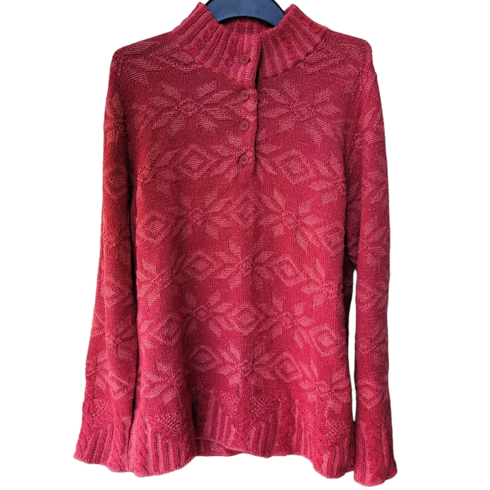 Woolrich Snowflake Knit Pullover Sweater Red Mock Neck Button Size L